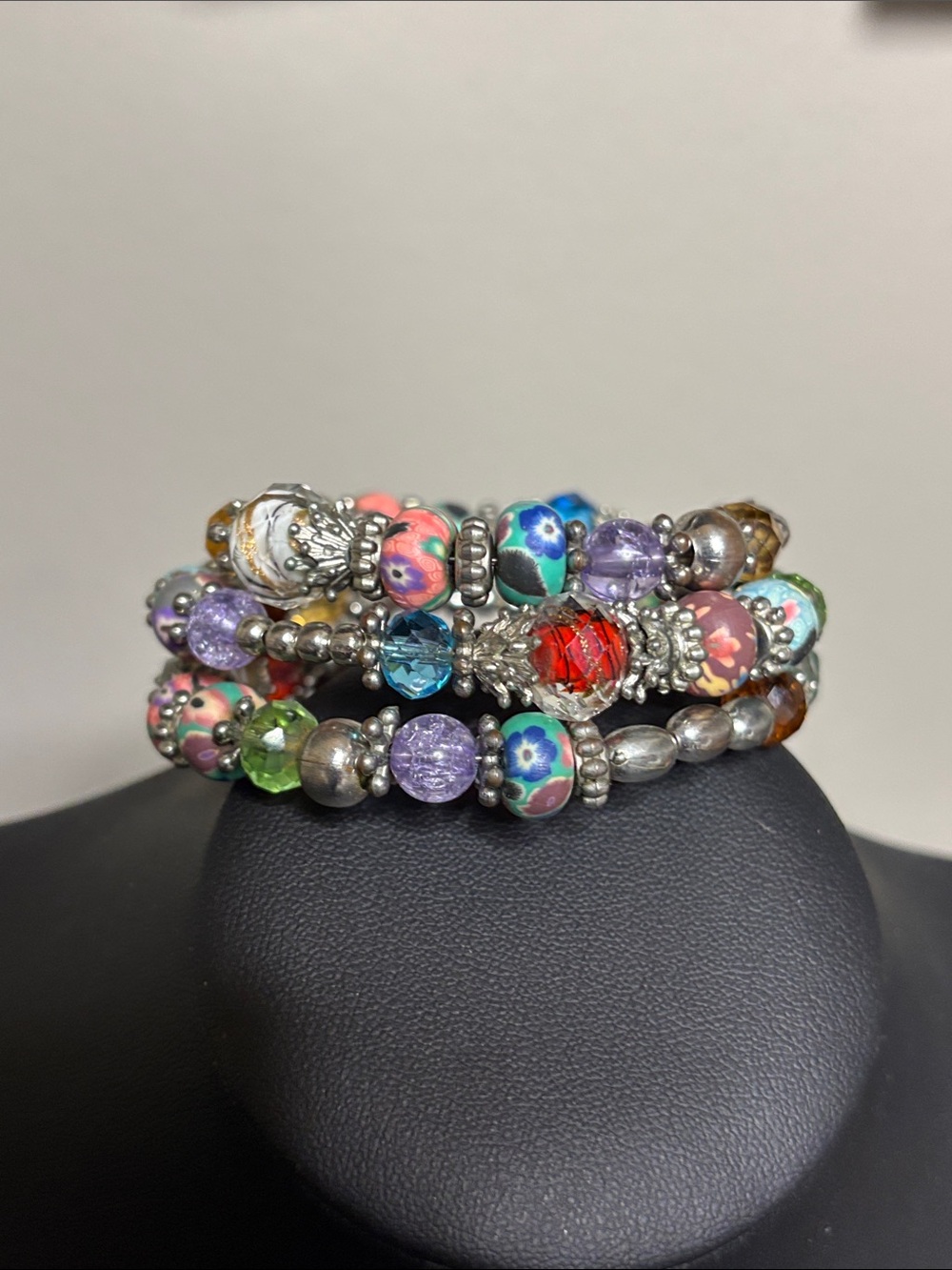 Colorful Floral Glass & Clay Bead Stackable Bracelet - Multicolor Vintage Boho